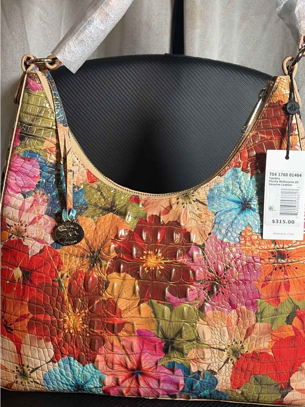Brahmin Multicolor Floral Embossed Leather Tote with Gold Trim - Picture 2 of 6